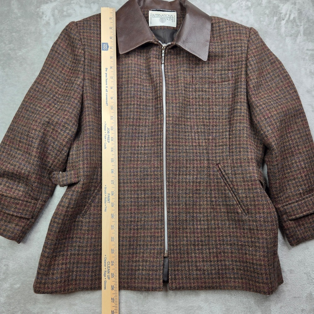 Vintage International Scene Brown Tweed Wool Leather Collar Jacket Luxury 11/12 - Picture 10 of 14